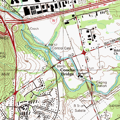 Topographic Map of Coochs Bridge, DE