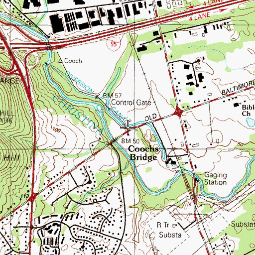 Topographic Map of Coochs Bridge, DE