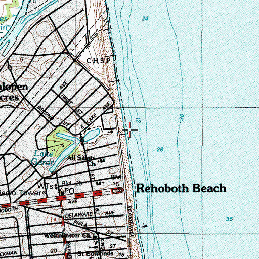Topographic Map of Rehoboth Beach, DE