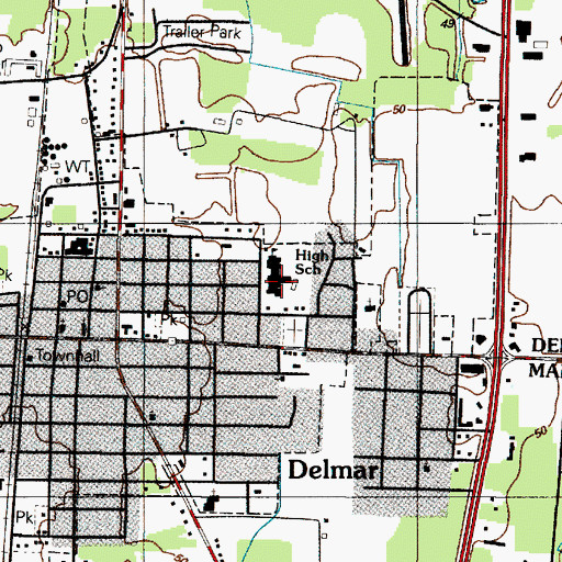 Topographic Map of Delmar Junior-Senior High School, DE