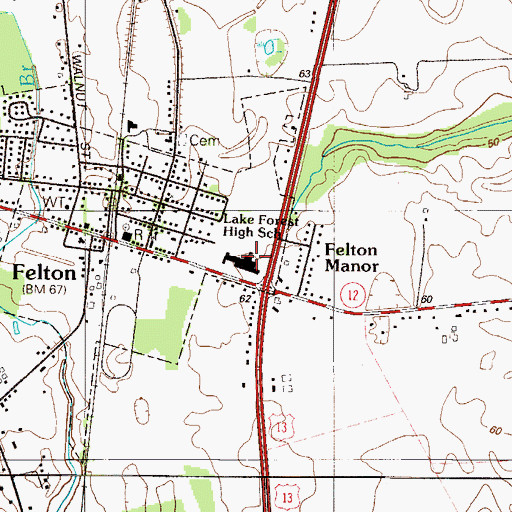 Topographic Map of Lake Forest High School, DE