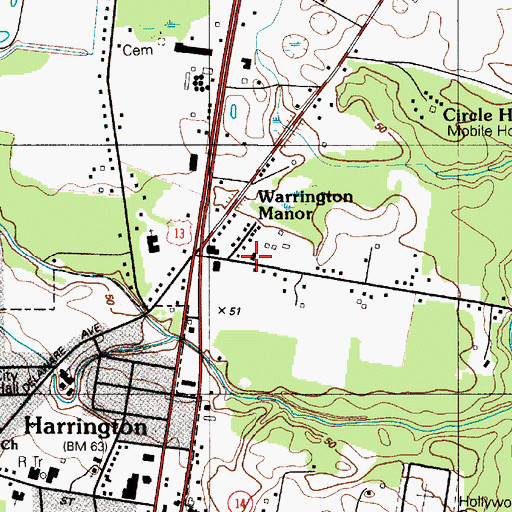 Topographic Map of Warrington Manor, DE