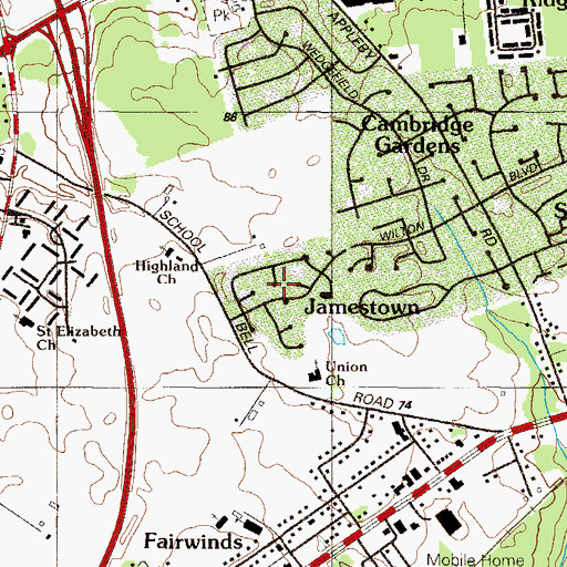 Topographic Map of Jamestowne, DE