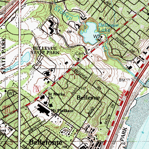 Topographic Map of Bellevue Hills, DE