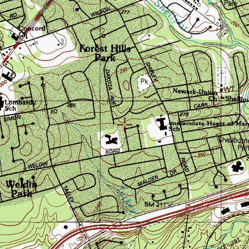 Topographic Map of Weldin Woods, DE