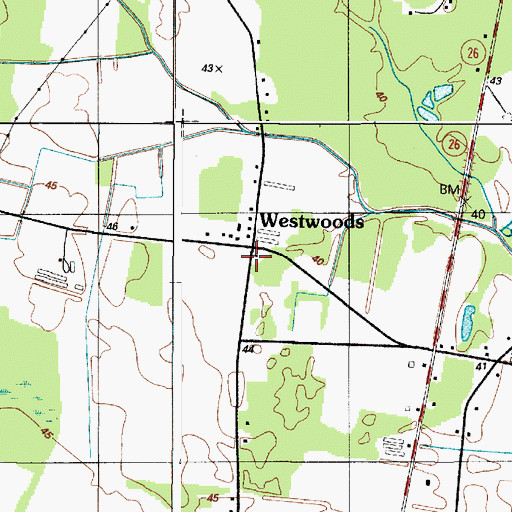 Topographic Map of Westwoods, DE