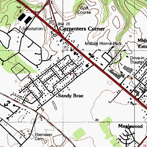 Topographic Map of Sandy Brae, DE