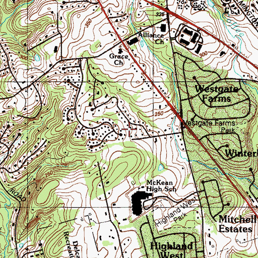 Topographic Map of Oakwood Hills, DE