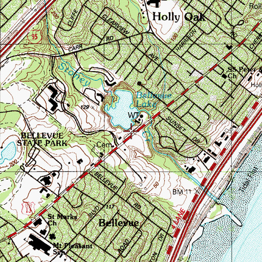 Topographic Map of Bellevue Lake Dam, DE