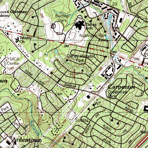 Topographic Map of Darley Woods, DE