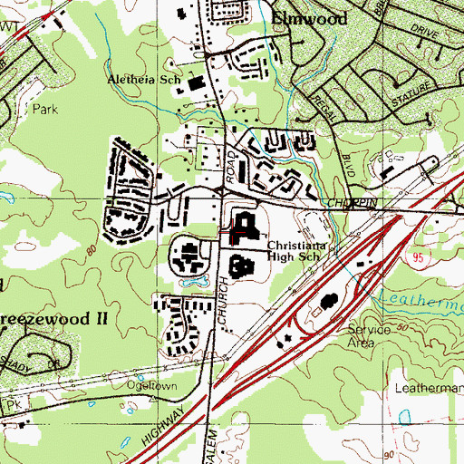 Topographic Map of Christiana High School, DE