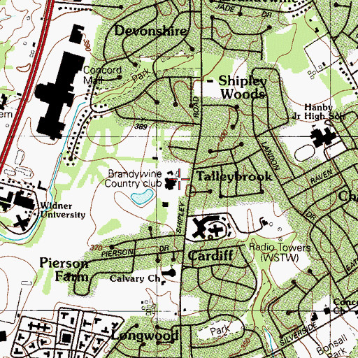 Topographic Map of Brandywine Country Club, DE