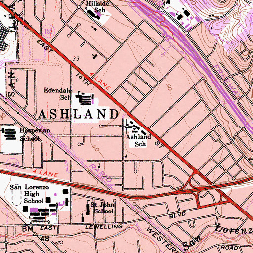 Topographic Map of Ashland School, CA