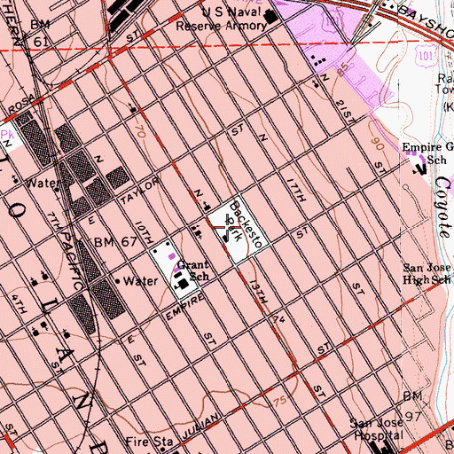 Topographic Map of Backesto Park, CA