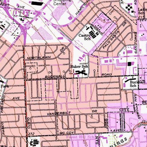 Topographic Map of Gussie M Baker Elementary School, CA