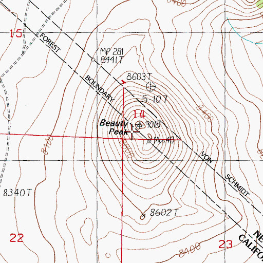 Topographic Map of Beauty Peak, CA