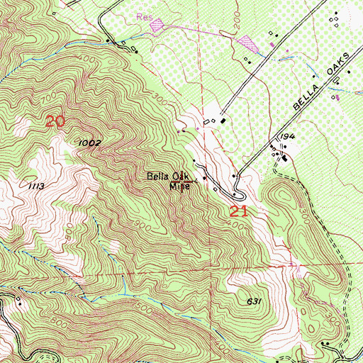 Topographic Map of Bella Oak Mine, CA