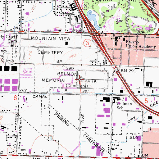 Topographic Map of Belmont Memorial Park, CA