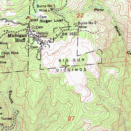Topographic Map of Big Gun Diggings, CA