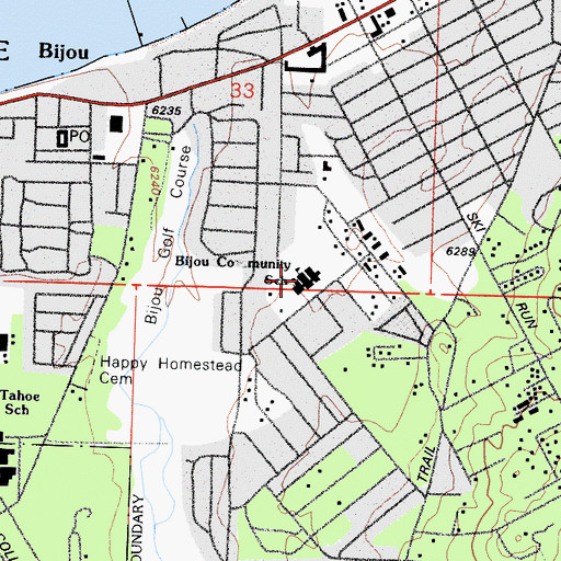 Topographic Map of Bijou Community School, CA