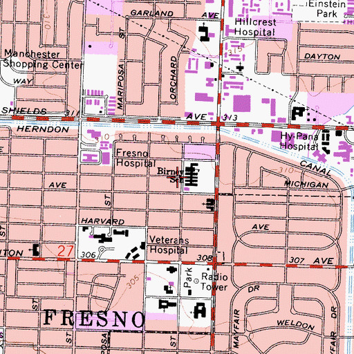 Topographic Map of Birney Elementary School, CA