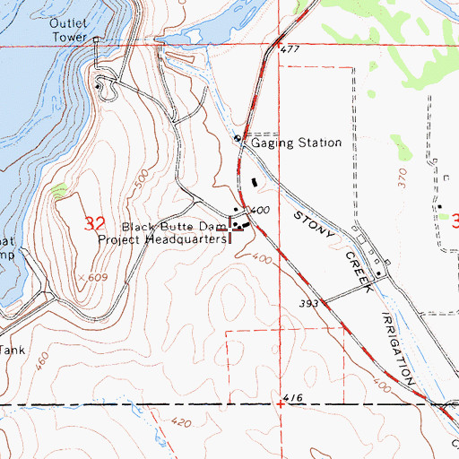 Topographic Map of Black Butte Dam Project Headquarters, CA
