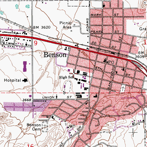 Topographic Map of Benson High School, AZ