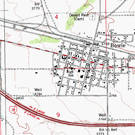 Topographic Map of Bowie High School, AZ