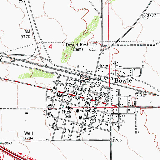 Topographic Map of Bowie Railroad Station, AZ