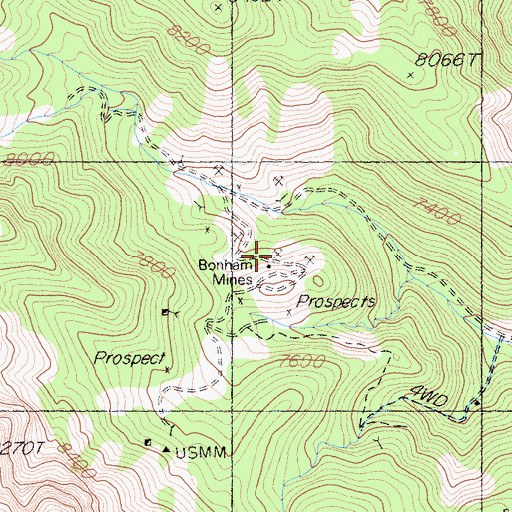 Topographic Map of Bonham Mines, CA