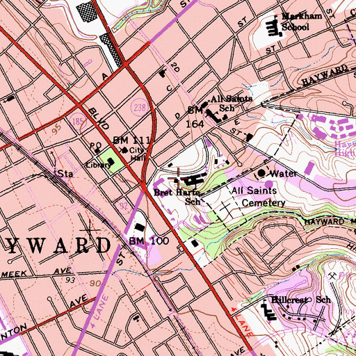 Topographic Map of Bret Harte Middle School, CA