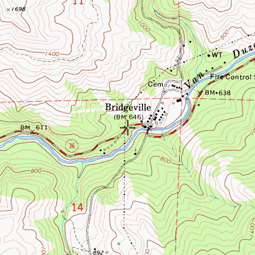 Topographic Map of Bridgeville, CA