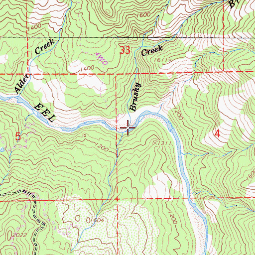 Topographic Map of Brushy Creek, CA