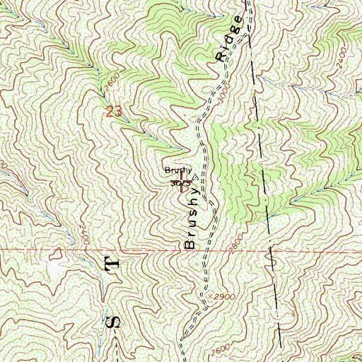 Topographic Map of Brushy Ridge, CA