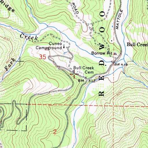 Topographic Map of Bull Creek Cemetery, CA