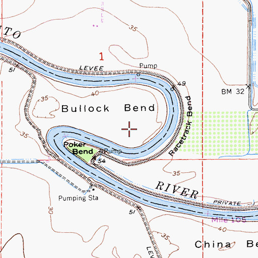 Topographic Map of Bullock Bend, CA