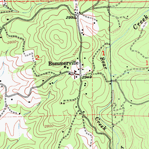 Topographic Map of Bummerville, CA
