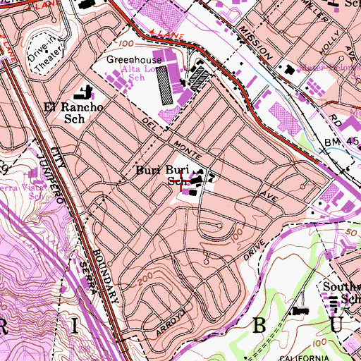 Topographic Map of Buri Buri Elementary School, CA