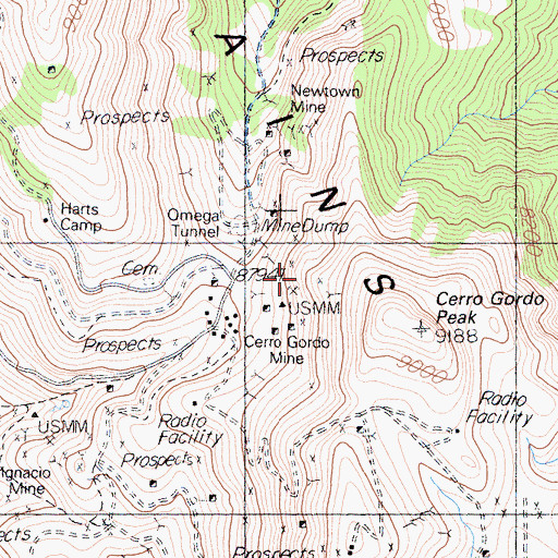Topographic Map of Cerro Gordo Mine, CA