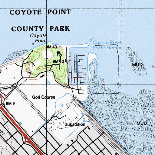 Topographic Map of Coyote Point Yacht Harbor, CA