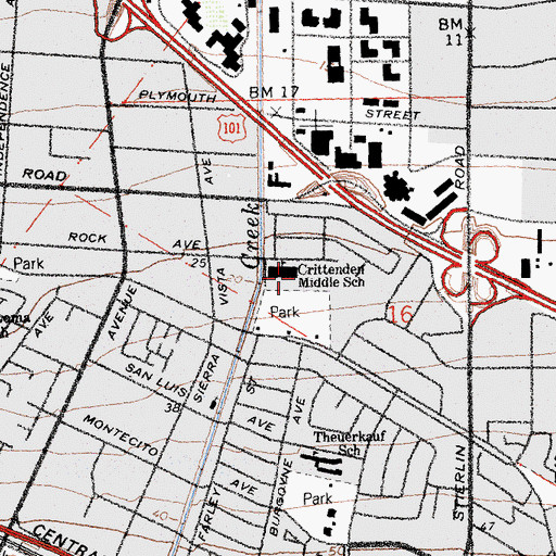Topographic Map of Crittenden Middle School, CA