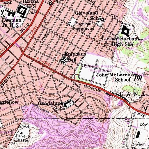 Topographic Map of Crocker Amazon Playground, CA
