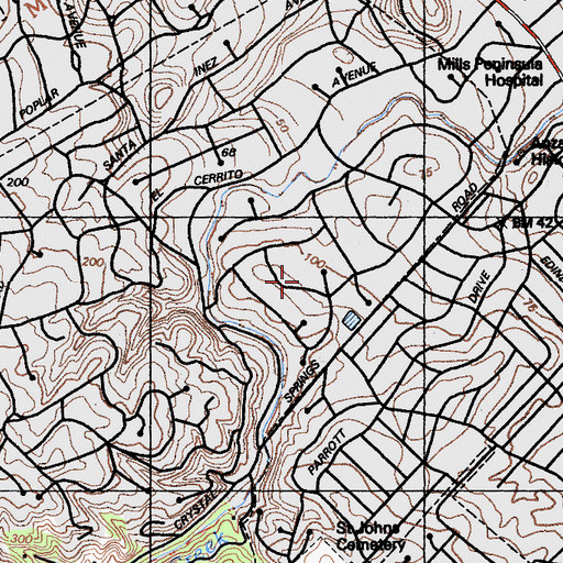 Topographic Map of Crystal Springs Uplands School, CA