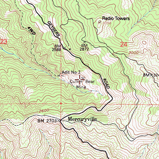 Topographic Map of Culver-Bear Mine, CA