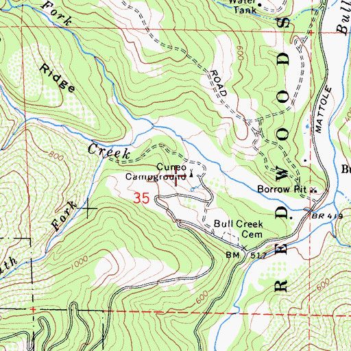 Topographic Map of Cuneo Campground, CA