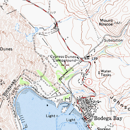 Topographic Map of Cypress Dunes Campground, CA