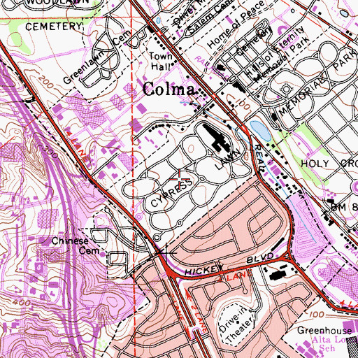 Topographic Map of Cypress Lawn Memorial Park, CA