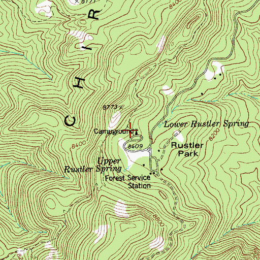 Topographic Map of Rustler Park Campground, AZ