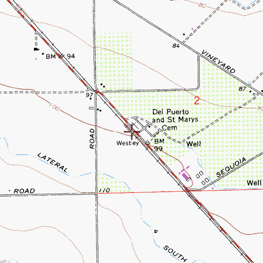Topographic Map of Del Puerto and Saint Marys Cemetery, CA