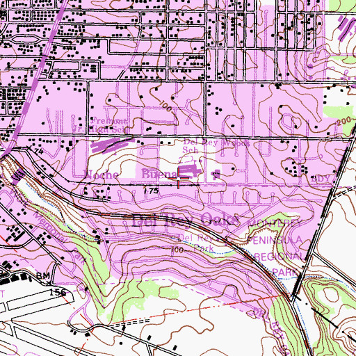 Topographic Map of Del Rae Woods Elementary School, CA